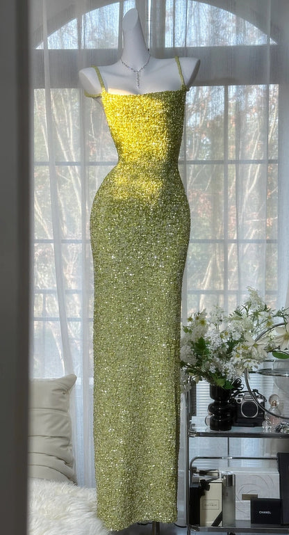 Glam Green Long Prom Dresses Beaded Chiffon Spagetti Straps Sheath Evening Dress Sleeveless Formal Dress ED06549