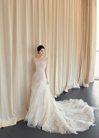 Modest Sheath Long Wedding Dresses Strapless Tulle White Bridal Gowns Beaded Sleeveless Bridal Dress ED06554