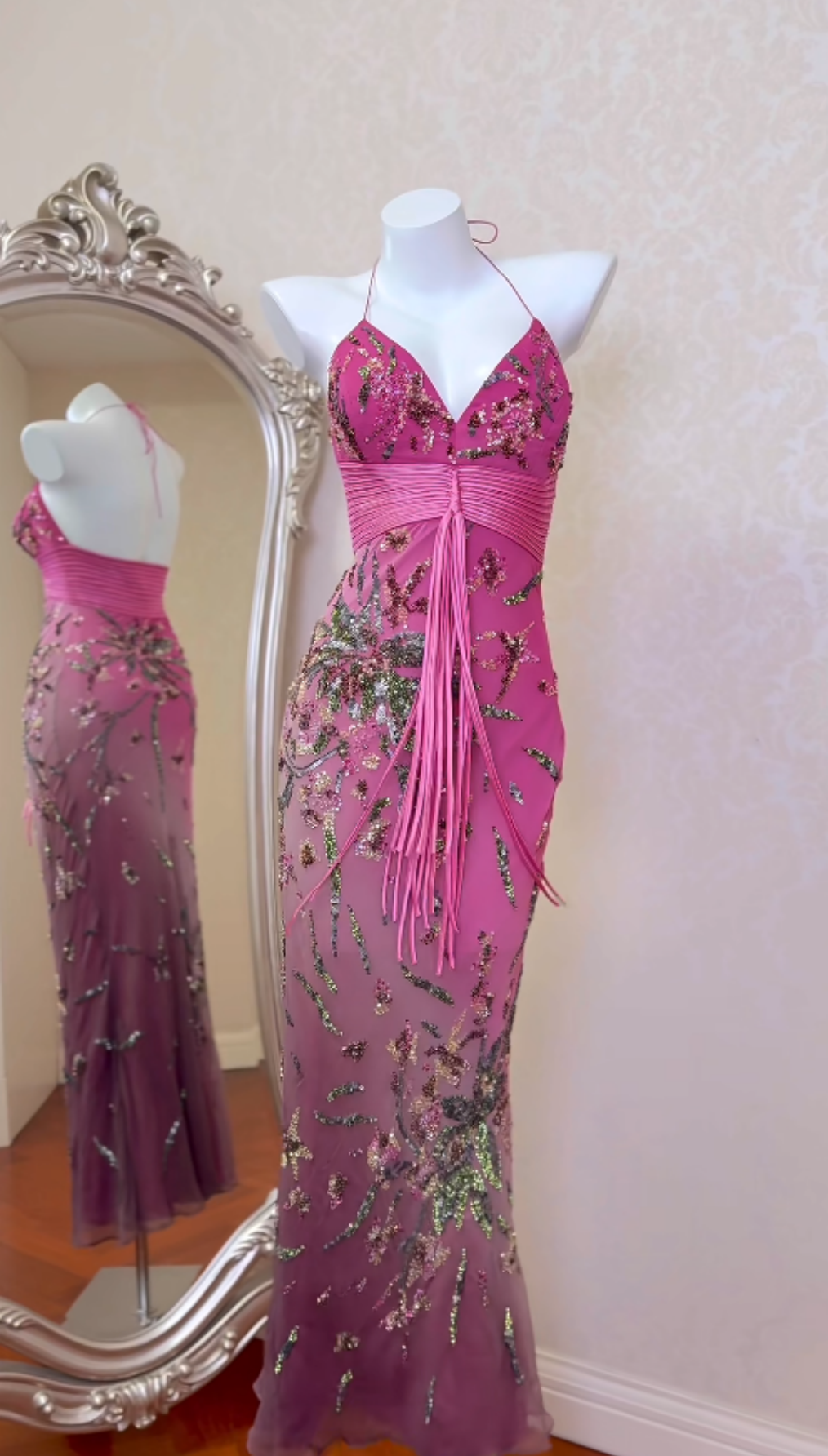 Elegant Pink Long Prom Dresses Beaded Chiffon Sheath Evening Dress Spaghetti Straps Sleeveless Formal Dress ED06557