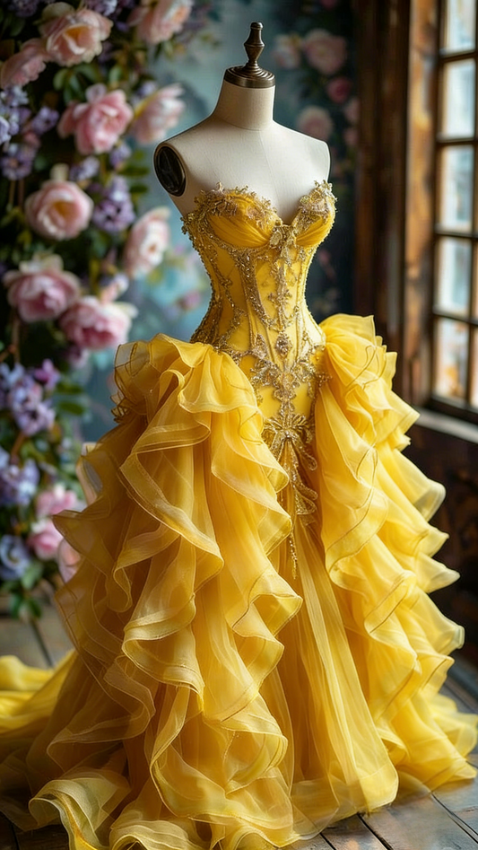 Elegant Yellow Long Prom Dresses Beaded Tulle Ball Gown Quinceanera Dress Spaghetti Straps Sweet 16 Dress ED06558