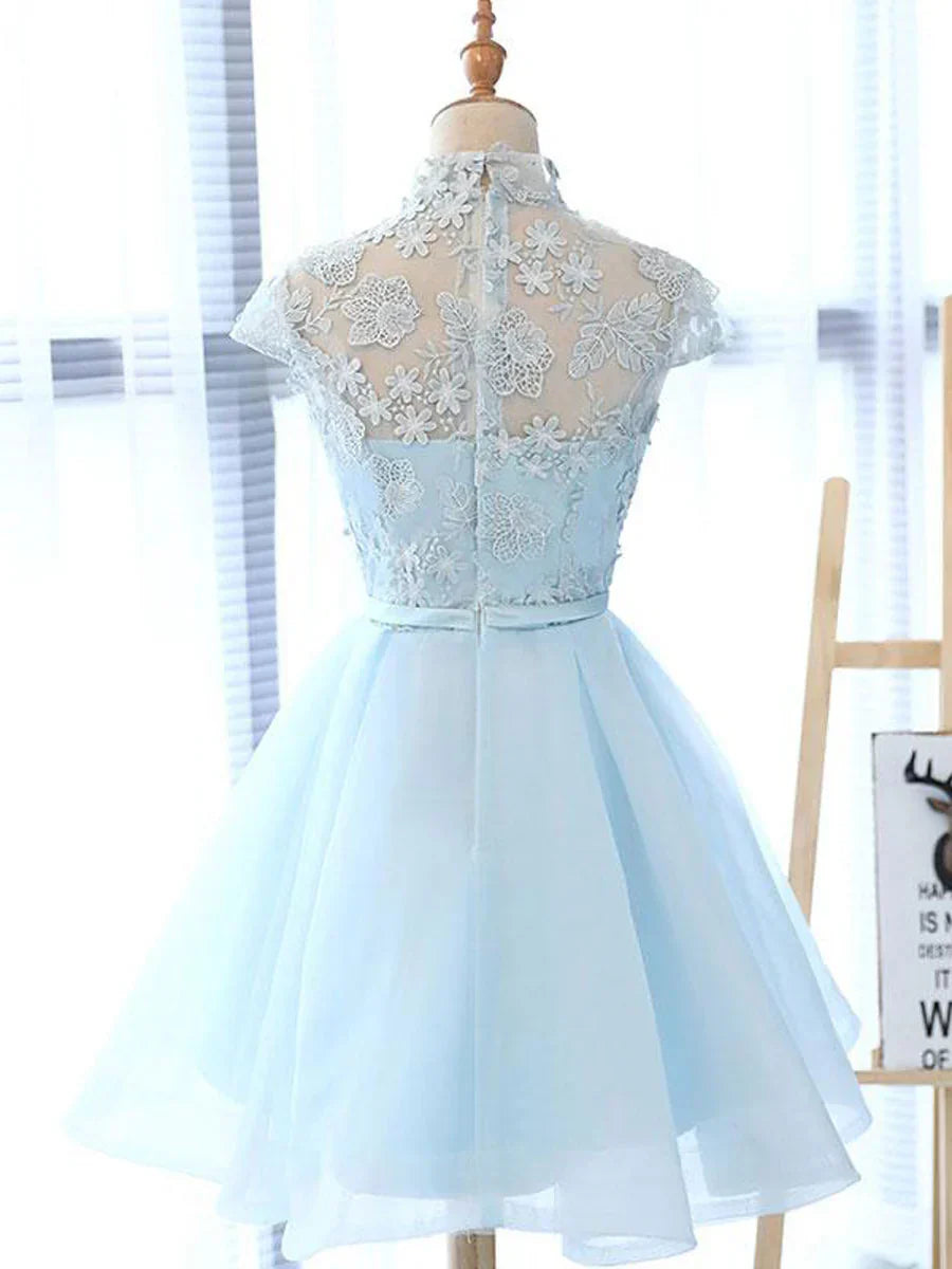 line High Neck Lace Blue Short Prom Dress, Blue Homecoming Dress HZ1024
