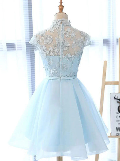 line High Neck Lace Blue Short Prom Dress, Blue Homecoming Dress HZ1024