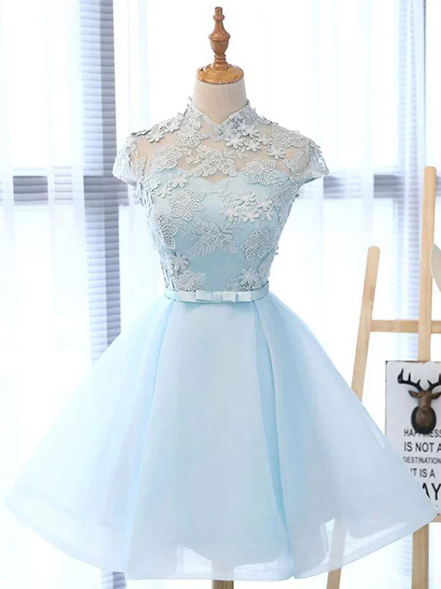 line High Neck Lace Blue Short Prom Dress, Blue Homecoming Dress HZ1024
