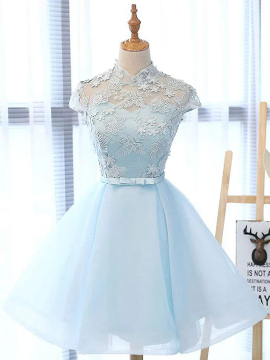 line High Neck Lace Blue Short Prom Dress, Blue Homecoming Dress HZ1024