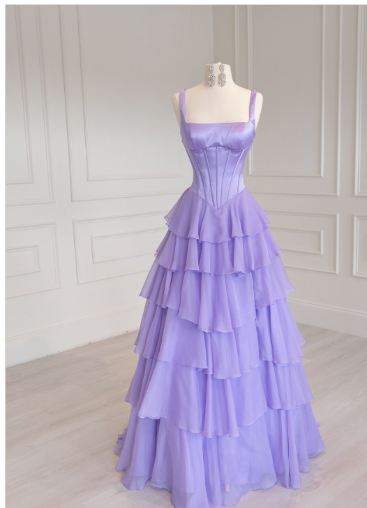 Cute Lilac Long Prom Dresses Chiffon A-line Evening Dress Straps Birthday Dress  ED06563