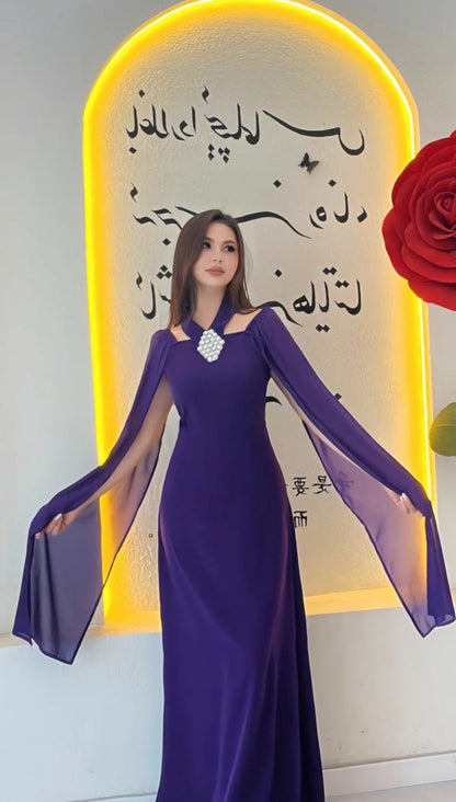 Elegant Purple Wedding Guest Outfit Halter Chifon Sheath Prom Dress Long Sleeves Evening Dress  ED06564