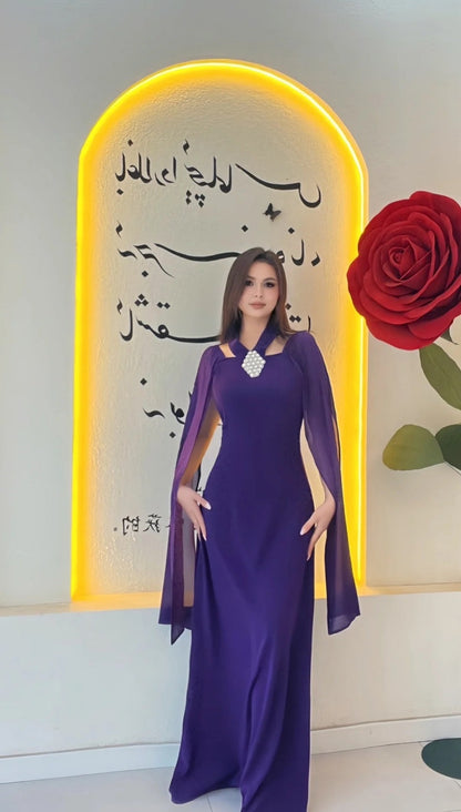 Elegant Purple Wedding Guest Outfit Halter Chifon Sheath Prom Dress Long Sleeves Evening Dress  ED06564