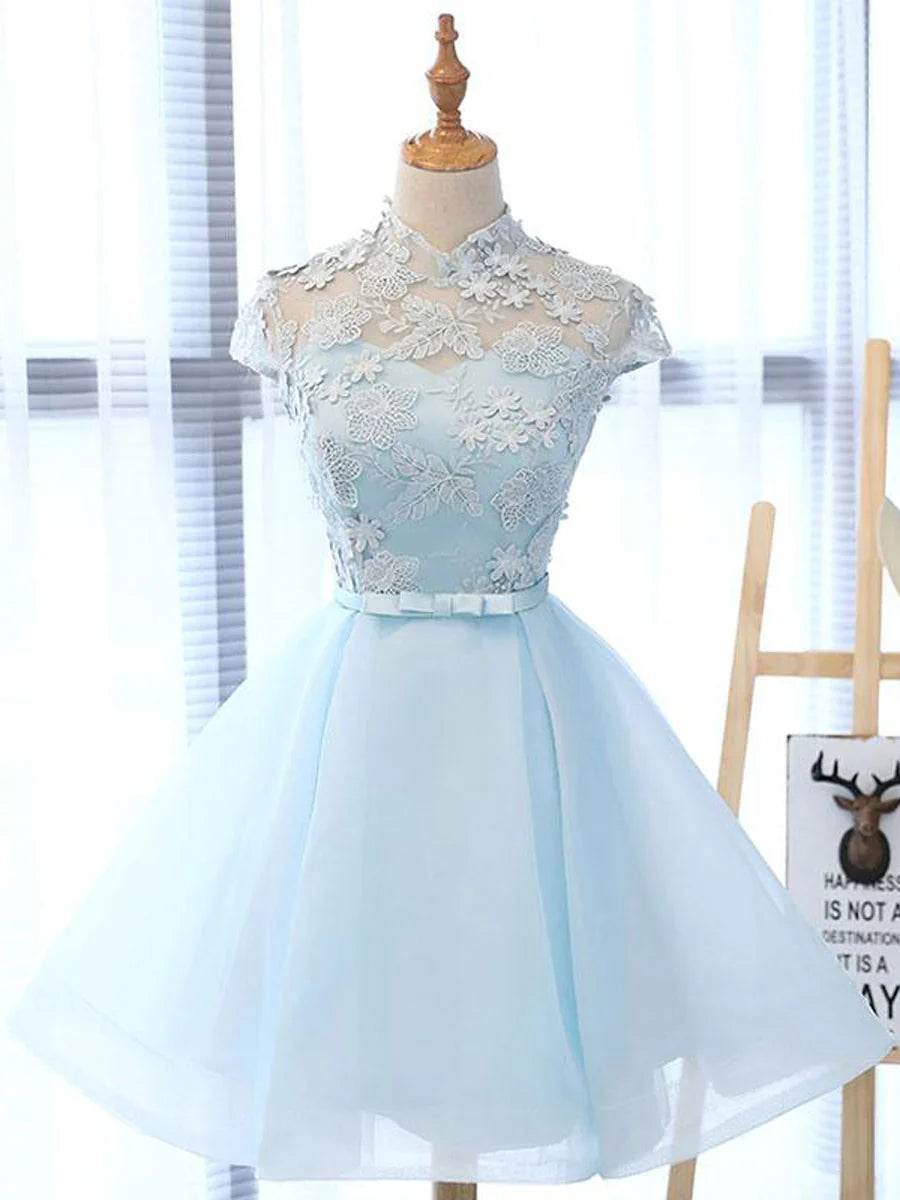 A line High Neck Lace Blue Short Prom Dress, Blue Homecoming Dress ED0656