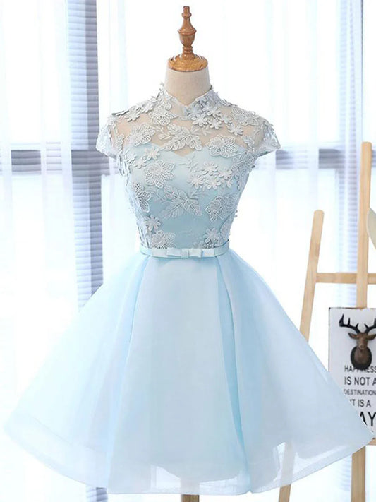 A line High Neck Lace Blue Short Prom Dress, Blue Homecoming Dress ED0656