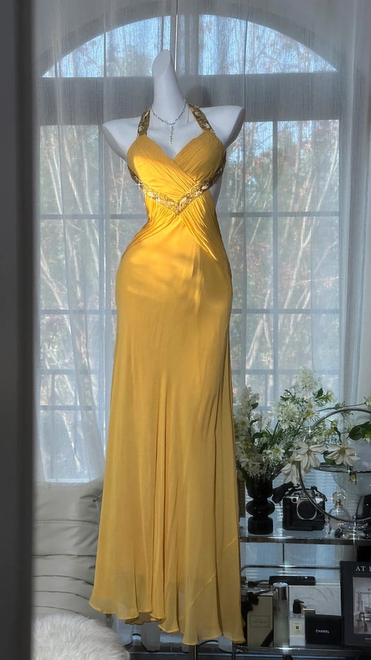 Elegant Yellow Long Prom Dress Halter Sheath Birthday Dress with Open Back Chiffon Beaded Sleeveless Evening Dress ED06571