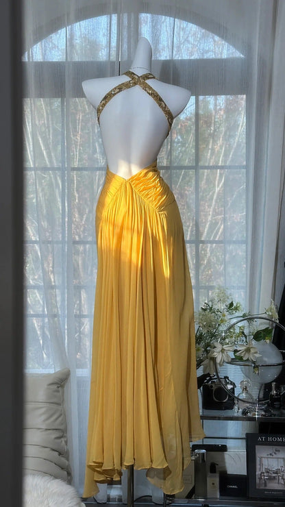 Elegant Yellow Long Prom Dress Halter Sheath Birthday Dress with Open Back Chiffon Beaded Sleeveless Evening Dress ED06571