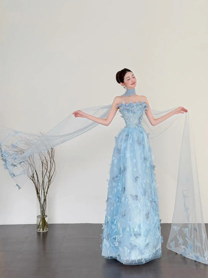 Chic Blue Long Prom Dress Strapless A-Line Evening Dress Applique Tulle Sleeveless Birthday Dress ED06576
