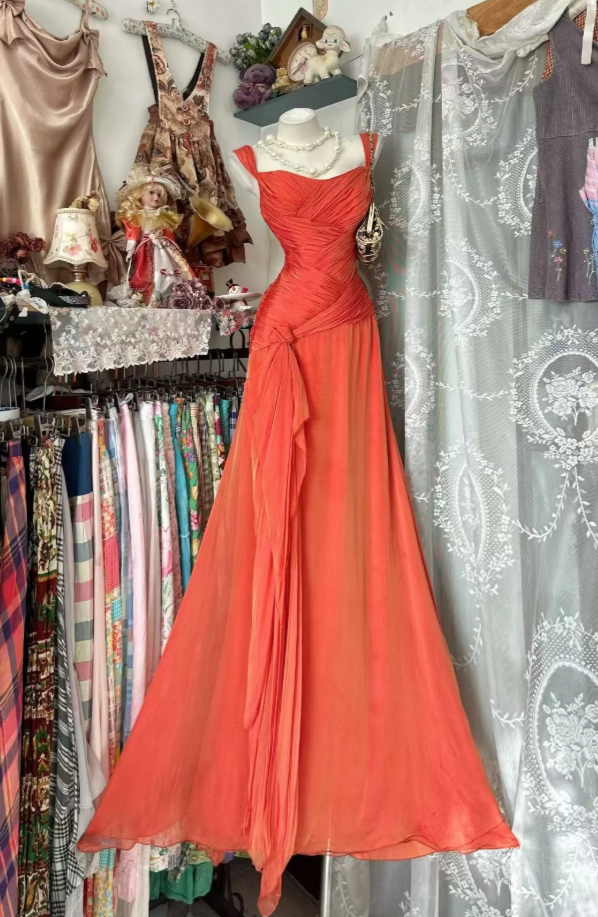 Gorgeous Coral Long Prom Dress Straps Sheath Evening Dress Chiffon Sleeveless Birthday Dress ED06579