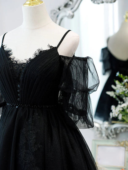 Black A-Line Tulle Lace Short Prom Dress, Black Homecoming Dresses ED0658