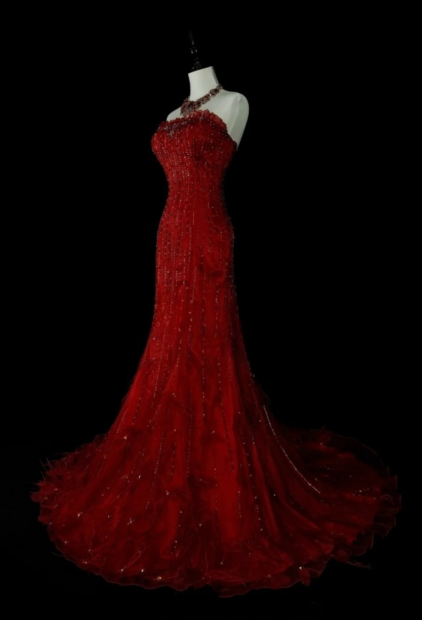 Gorgeous Red Long Prom Dress Strapless Mermaid Evening Dress Beaded Tulle Sleeveless Birthday Dress ED06580