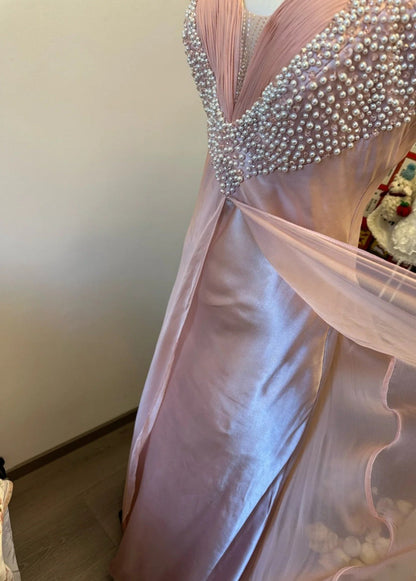 Gorgeous Pink Long Prom Dress Sweetheart A-Line Evening Dress Beaded Satin Sleeveless Birthday Dress ED06581