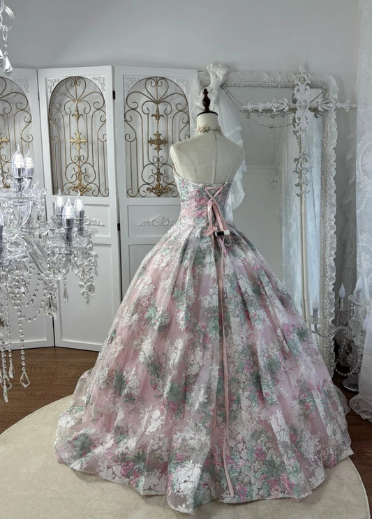 Chic Pink Long Prom Dress Sweetheart A-Line Evening Dress Embroidered Tulle Sleeveless Birthday Dress ED06584