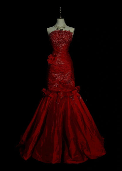 Vintage Burgundy Long Prom Dress Satin Strapless Sheath Evening Dress Sleeveless Birthday Dress ED06590