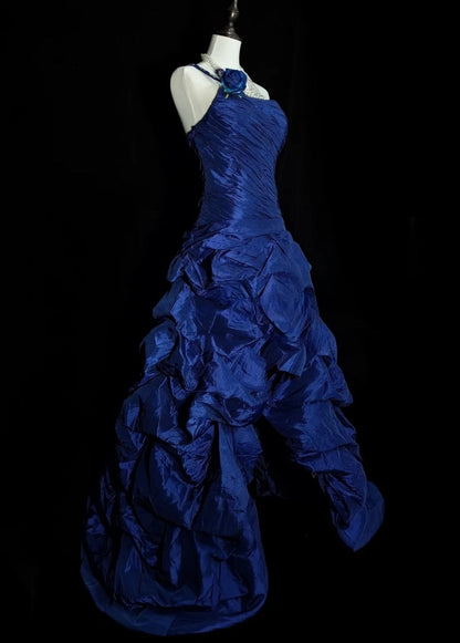 Chic Blue Long Prom Dress Satin One-shoulder A-Line Evening Dress Sleeveless Birthday Dress ED06591