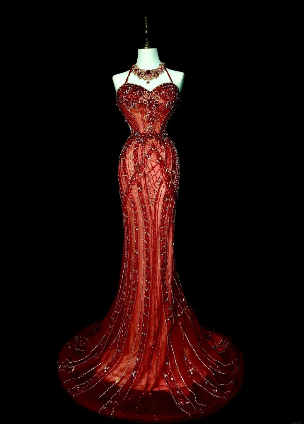 Chic Burgundy Long Prom Dress Tulle Halter Mermaid Evening Dress Sleeveless Birthday Dress ED06593