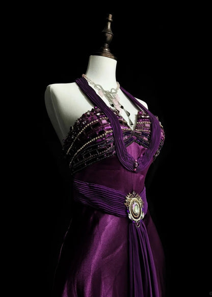 Chic Purple Long Prom Dress Satin Halter Sheath Evening Dress Sleeveless Wedding Guest Dress ED06595
