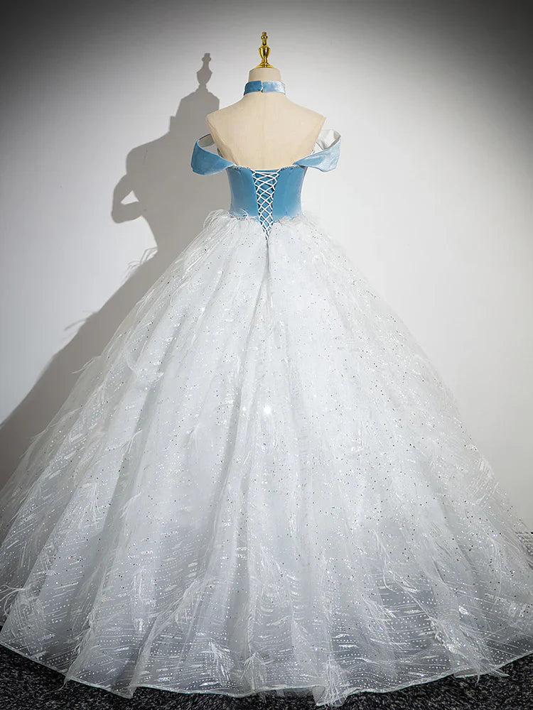 A-Line Tulle Lace White/Blue Long Prom Dress, White/Blue Long Evening Dress   ED066