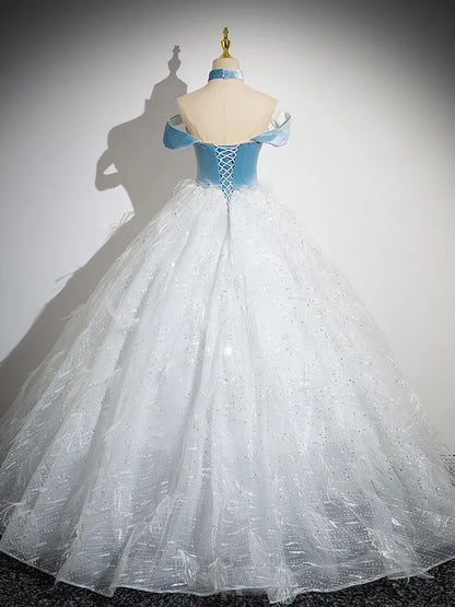 A-Line Tulle Lace White/Blue Long Prom Dress, White/Blue Long Evening Dress   ED066