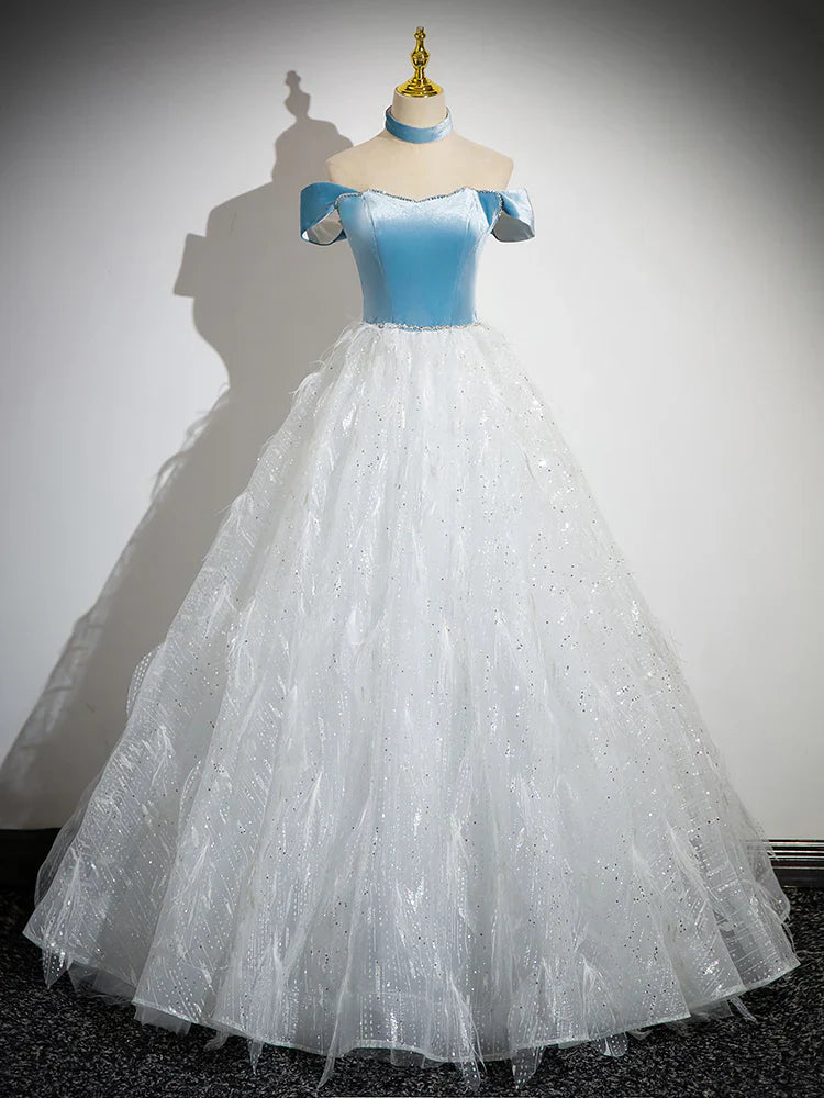 A-Line Tulle Lace White/Blue Long Prom Dress, White/Blue Long Evening Dress   ED066