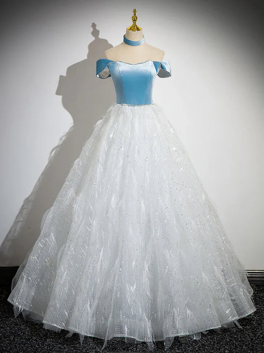 A-Line Tulle Lace White/Blue Long Prom Dress, White/Blue Long Evening Dress   ED066