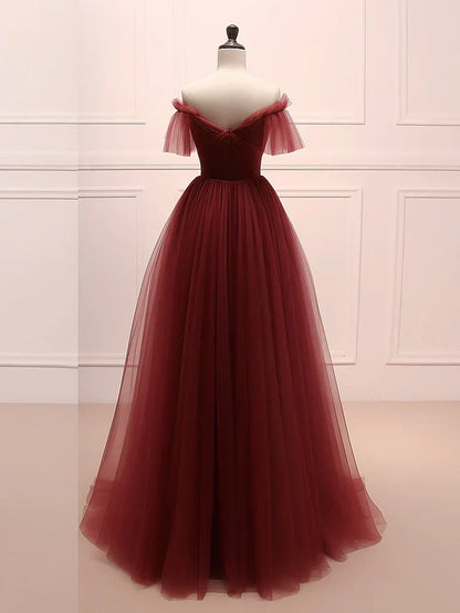 Burgundy Tulle Long Prom Dress, Burgundy Long Evening Dress HZ1024