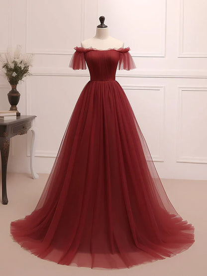 Burgundy Tulle Long Prom Dress, Burgundy Long Evening Dress HZ1024