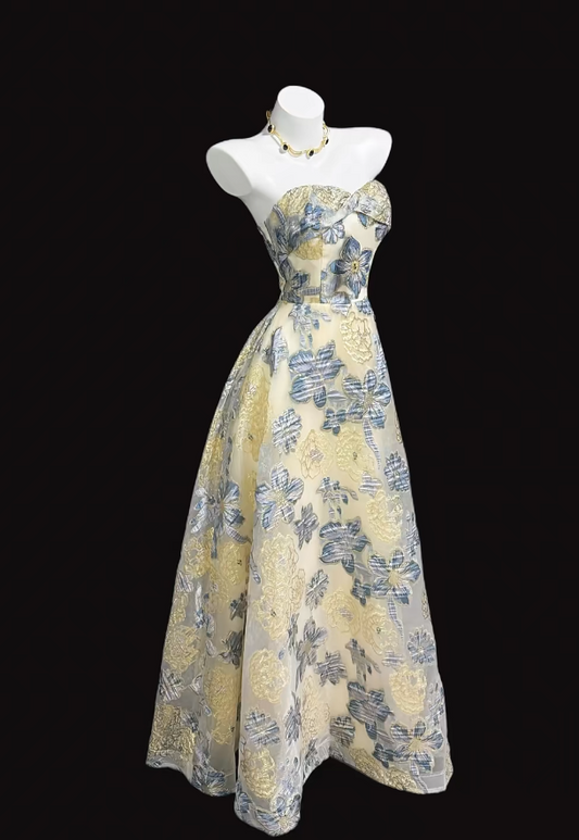 Gorgeous A-Line Long Prom Dress Tulle Yellow Birthday Dress Jacquard Sleeveless Evening Dress ED06601
