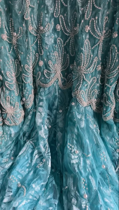 Fairy Blue Long Prom Dress V-Neck Mermaid Evening Dress Lace Beaded Birthday Dress ED06604