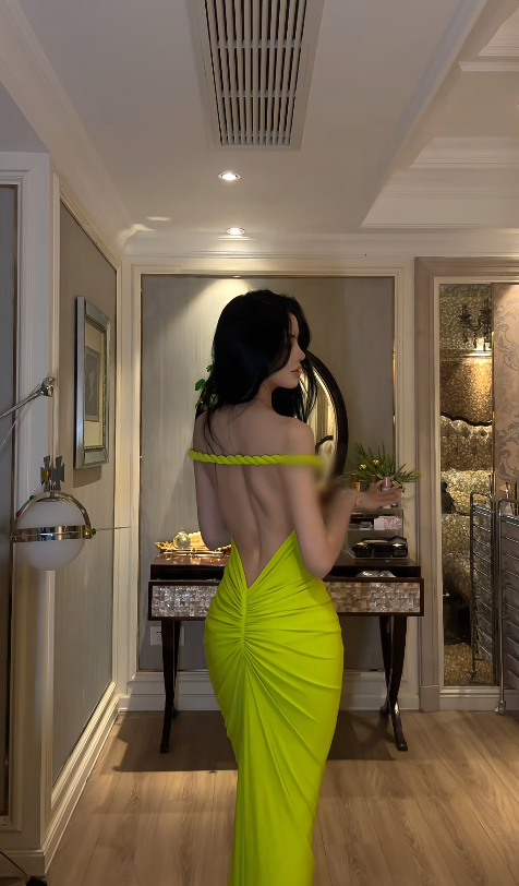 Sexy Lemon Green Sheath Long Prom Dress Off-shoulder Sheath Evening Dress Satin Birthday Dress ED06605