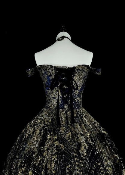 Gorgeous Navy Blue Long Prom Dress Off-shoulder A-Line Long Evening Dress Beaded Appliques Birthday Dress ED06607