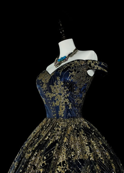 Gorgeous Navy Blue Long Prom Dress Off-shoulder A-Line Long Evening Dress Beaded Appliques Birthday Dress ED06607