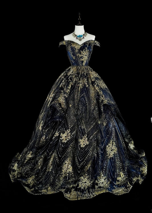 Gorgeous Navy Blue Long Prom Dress Off-shoulder A-Line Long Evening Dress Beaded Appliques Birthday Dress ED06607