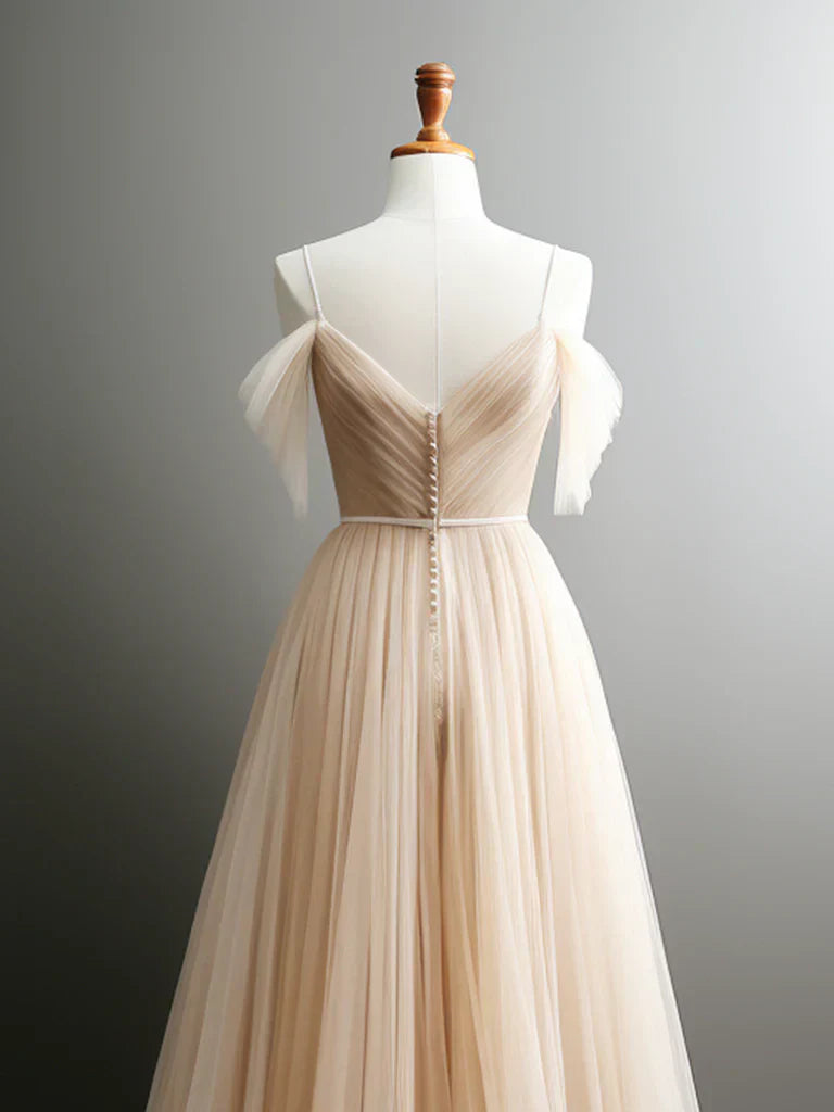 Off Shoulder Champagne Tulle Long Prom Dress, Champagne Long Evening Dress HZ1024