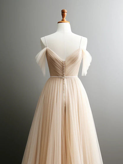 Off Shoulder Champagne Tulle Long Prom Dress, Champagne Long Evening Dress HZ1024
