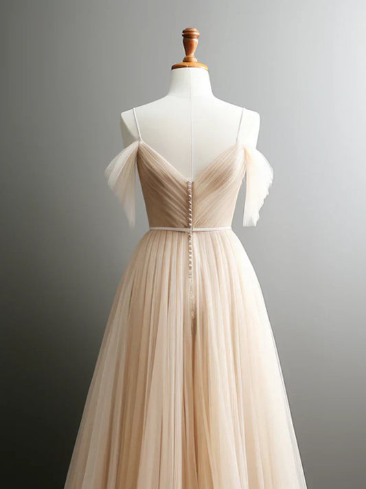 Off Shoulder Champagne Tulle Long Prom Dress, Champagne Long Evening Dress HZ1024