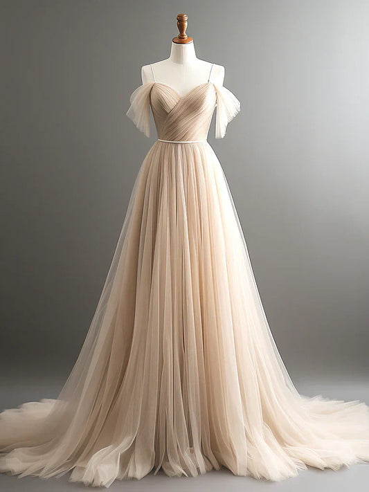 Off Shoulder Champagne Tulle Long Prom Dress, Champagne Long Evening Dress HZ1024