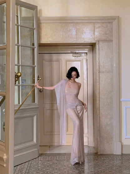 Chic Champagne Wedding Guest Dress Chiffon Spaghetti Straps Sheath Evening Dress Sleeveless Birthday Dress ED06617