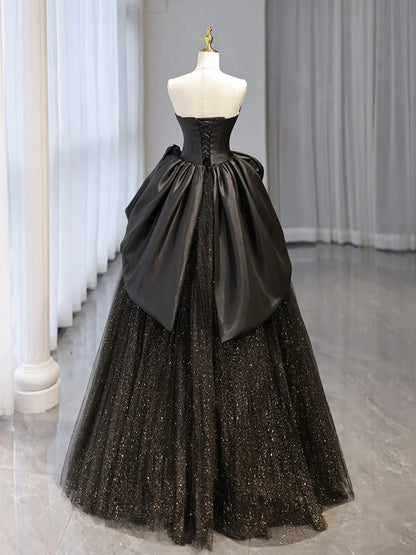 Black Sweetheart Neck Satin Tulle Long Prom Dress, Black Long Formal Dress ED0662