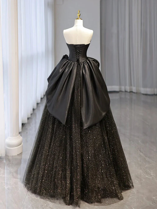 Black Sweetheart Neck Satin Tulle Long Prom Dress, Black Long Formal Dress ED0662