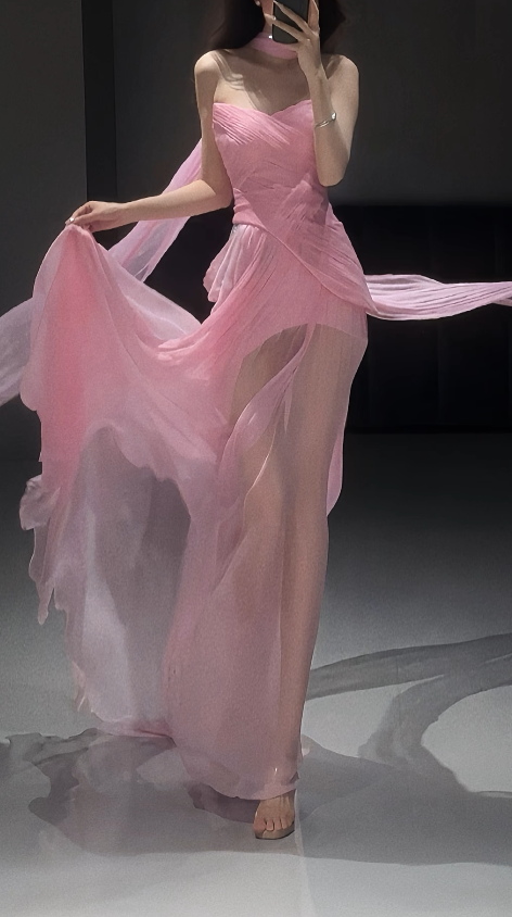 Chic Pink Long Prom Dress Chiffon Sweetheart Sheath Evening Dress Sleeveless Birthday Dress ED06621