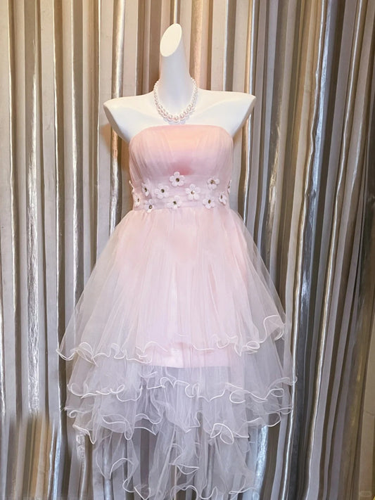 Chic Pink Short Prom Dress Tulle Strapless A-Line Birthday Dress Sleeveless Party Dress ED06622