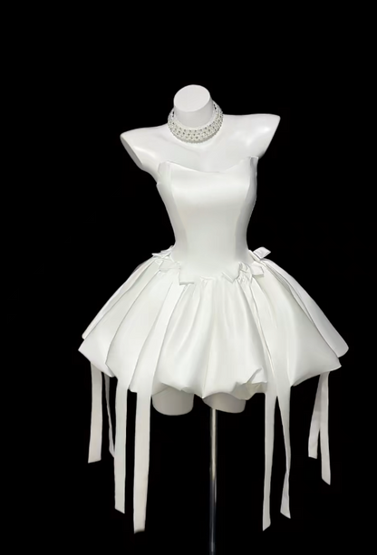 Cute White Short Prom Dress Satin Strapless A-Line Birthday Dress Sleeveless Party Dress ED06623