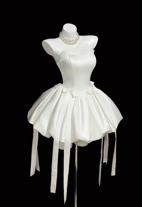 Cute White Short Prom Dress Satin Strapless A-Line Birthday Dress Sleeveless Party Dress ED06623