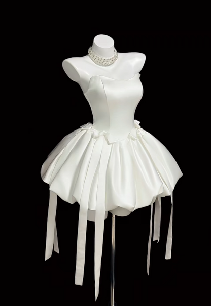 Cute White Short Prom Dress Satin Strapless A-Line Birthday Dress Sleeveless Party Dress ED06623