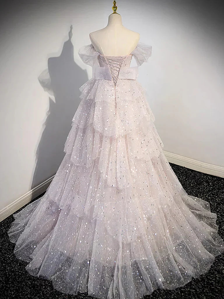 Off Shoulder Tulle Sequin Light Pink Long Prom Dress,Sequin Long Evening Dress HZ1024